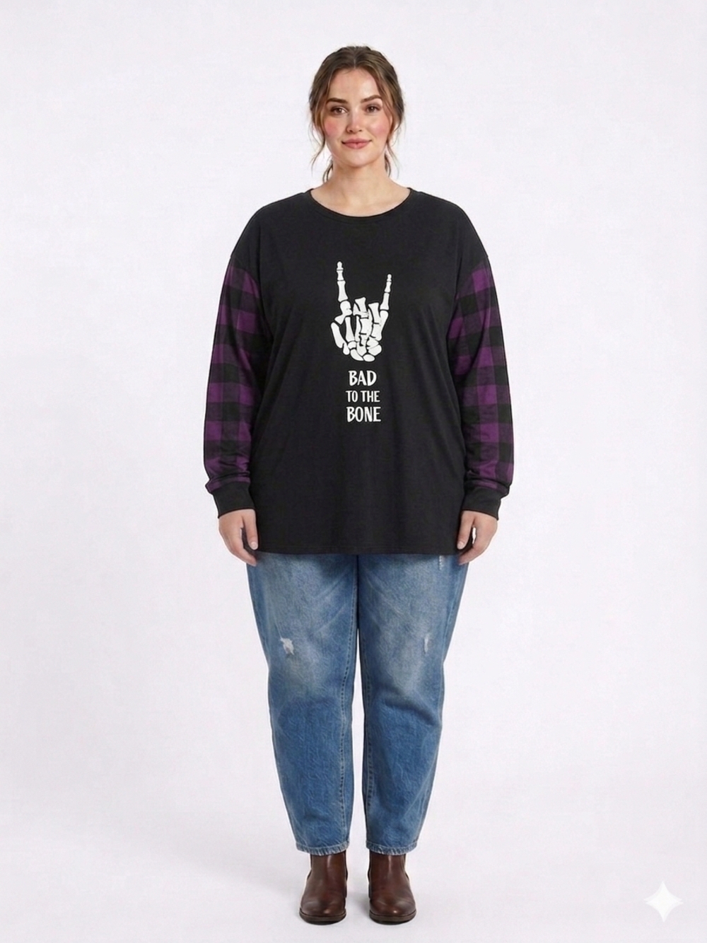 Black Long Sleeve Tee with Purple Plaid Sleeves - "Bad to the Bone"